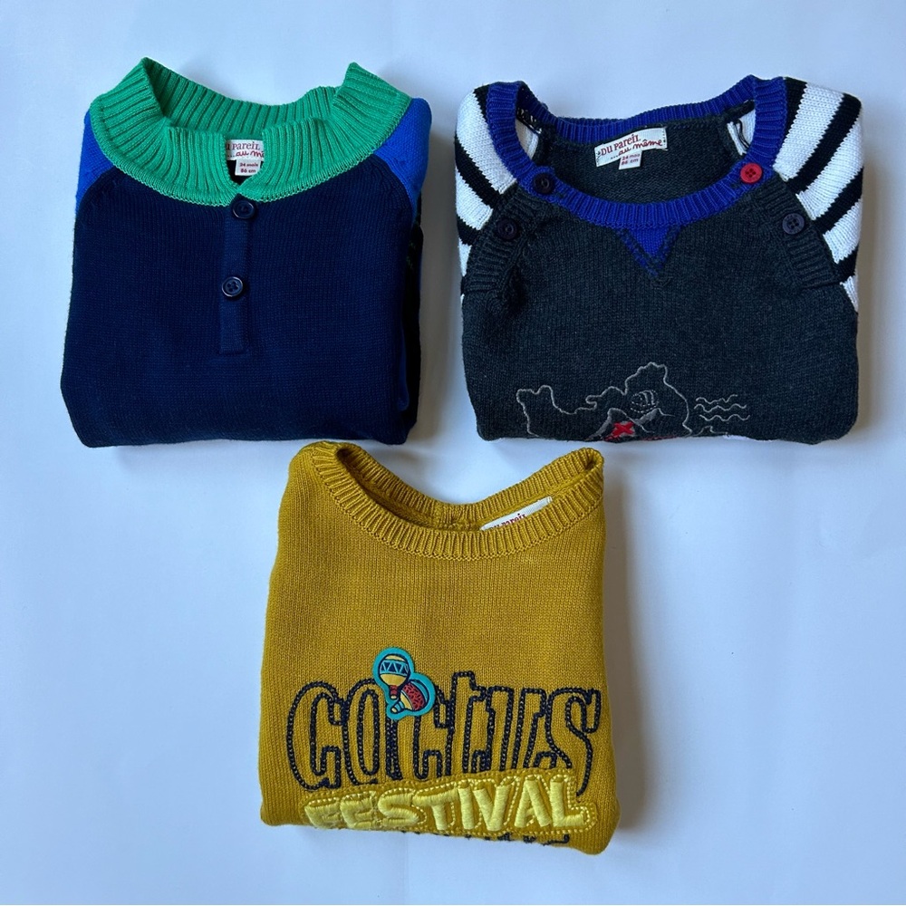 Du Pareil Au Même Bundle of 3 Toddler Boys Colorful Sweater, Size 24 Months.